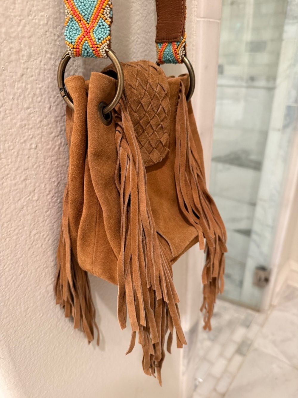 Free People Suede Fringe Crossbody Bag with Turquoise Woven Strap - Picture 3 of 6